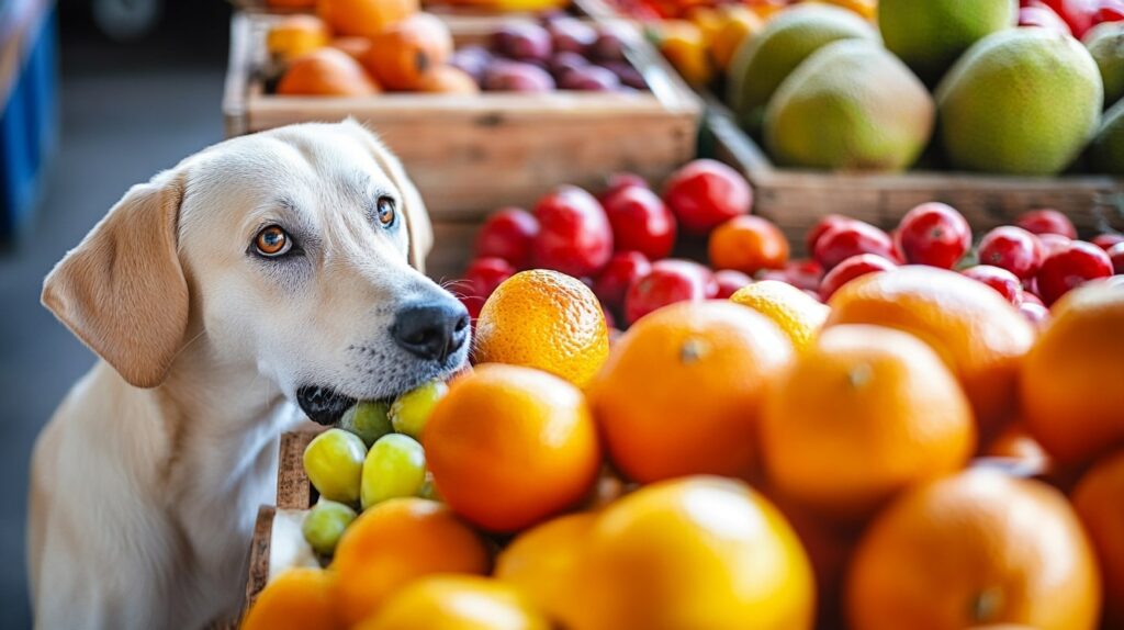 Dog exploring colorful fruit stalls at a Maui farmers market