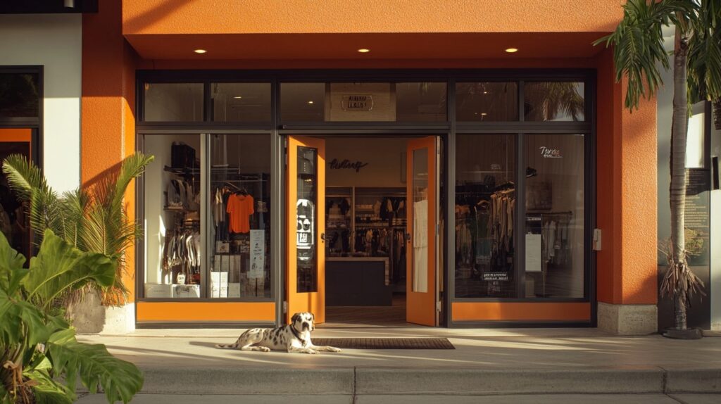Dog relaxing outside a sunny boutique shop in Kihei