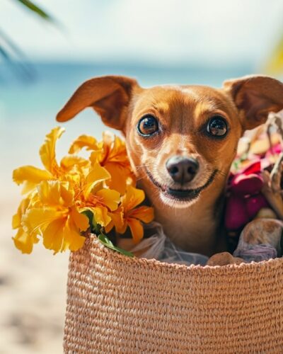Dog peeking from a shopping tote full of flowers at a Maui market