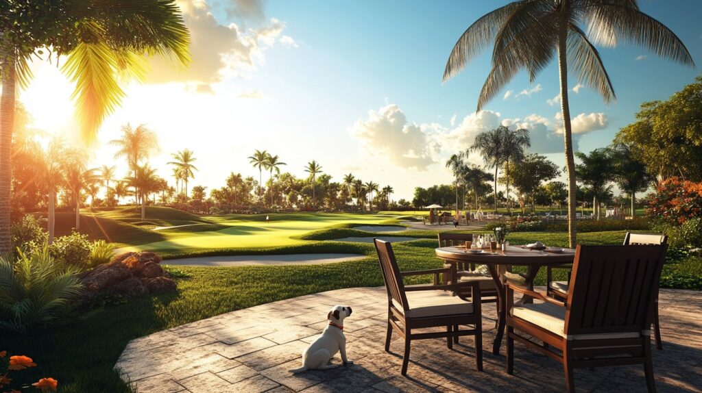 Dog relaxing under a patio table at a Kihei golf course clubhouse