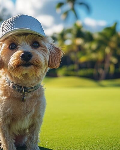 Dog wearing a golf cap at Wailea's lush green golf course