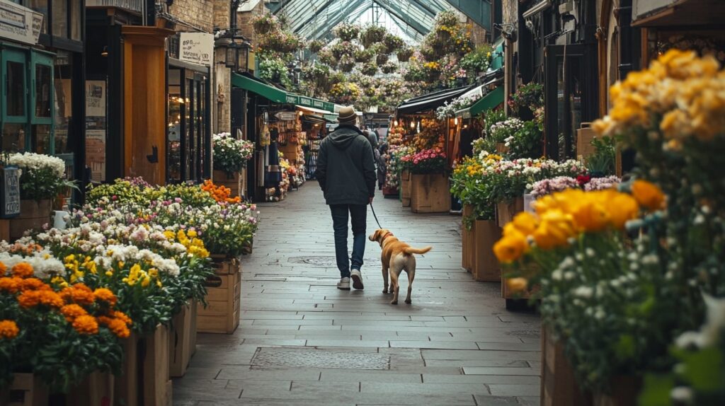 Dog sniffing flowers at a Covent Garden market in London