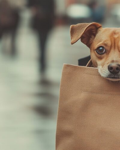 Dog peeking from a shopping tote bag on a bustling London street