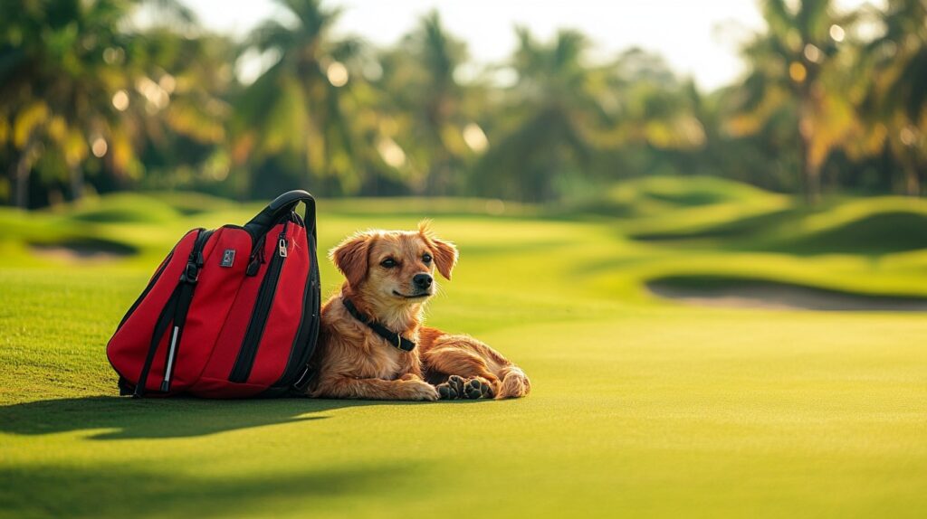 Dog resting next to a golf bag at a Maui golf course