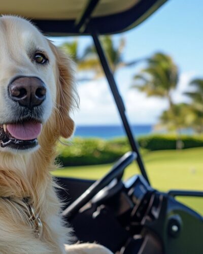Dog riding in a golf cart at a sunny Lahaina golf course