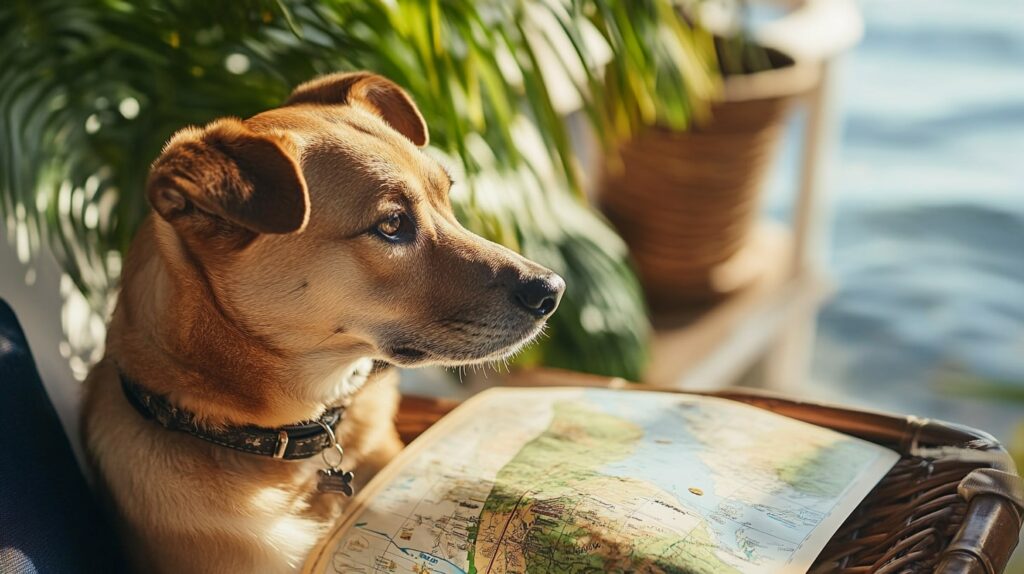 Dog studying a boat tour map under palm trees in Florida