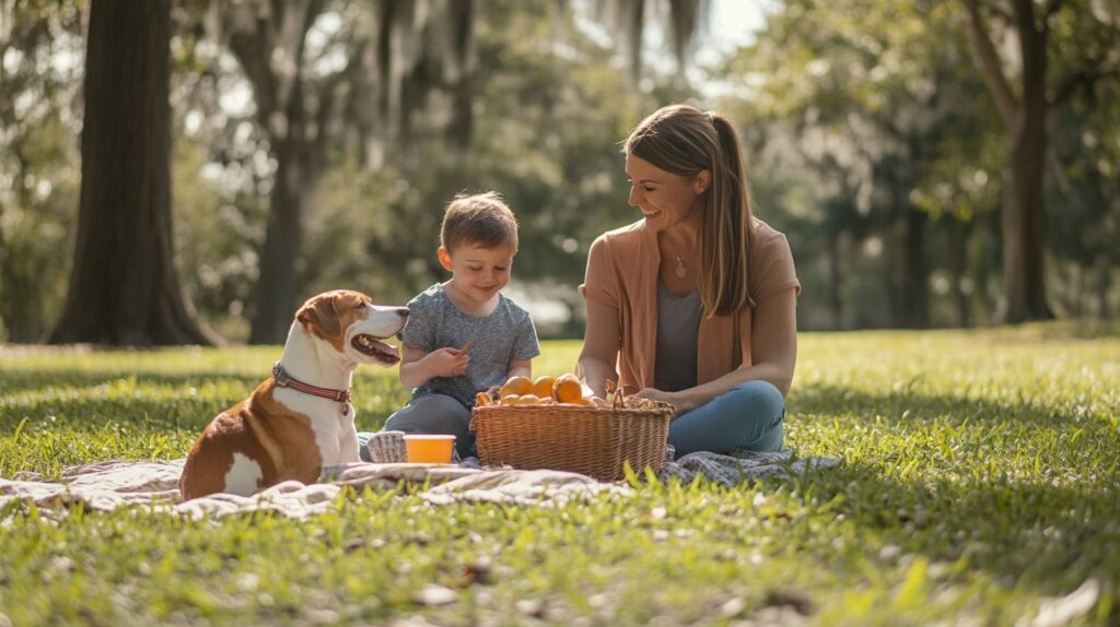 Minimal picnic scene with a family and their dog in a sunny Florida park