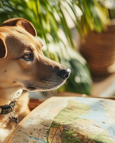 Dog studying a boat tour map under palm trees in Florida
