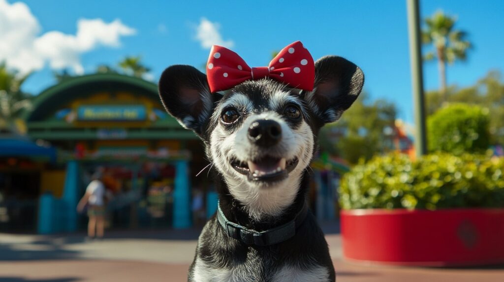 Happy dog wearing Mickey ears at the entrance of a sunny Orlando theme park