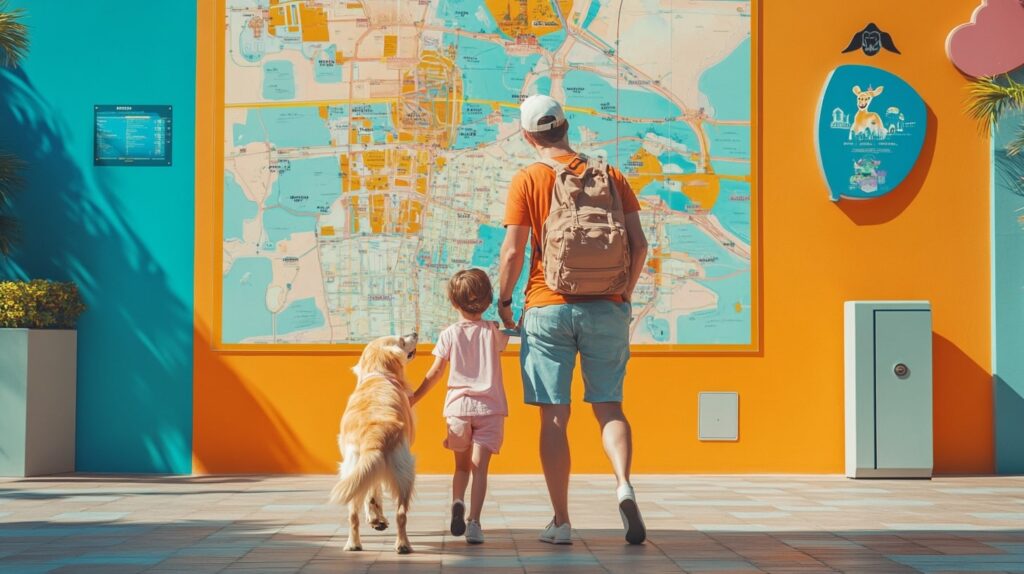 Family with dog exploring a vibrant map of Orlando theme parks