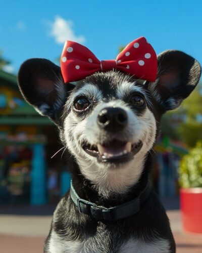 Happy dog wearing Mickey ears at the entrance of a sunny Orlando theme park