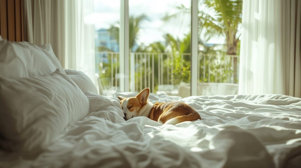 Corgi sleeping on a hotel bed with a lush Honolulu view outside