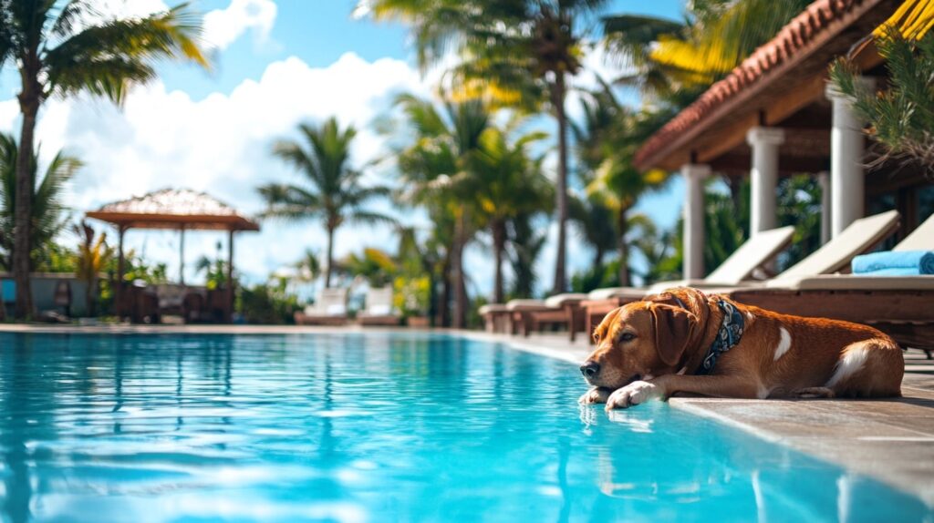 Relaxed dog lounging by the pool at a pet-friendly Honolulu resort