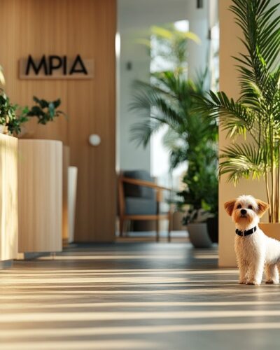 Dog sitting happily at a pet-friendly hotel entrance in Honolulu