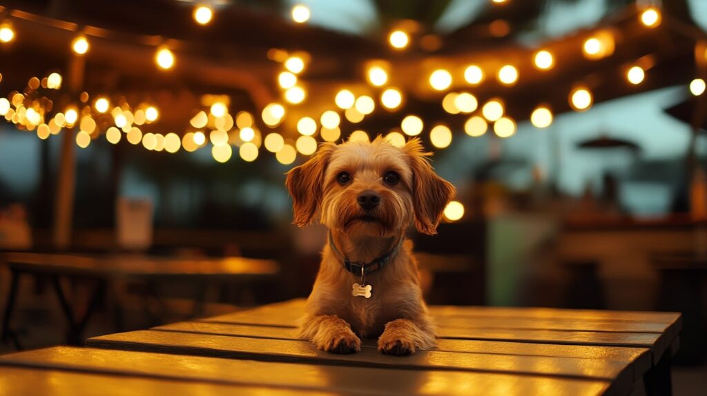 Dog enjoying Honolulu nightlife under twinkling outdoor lights