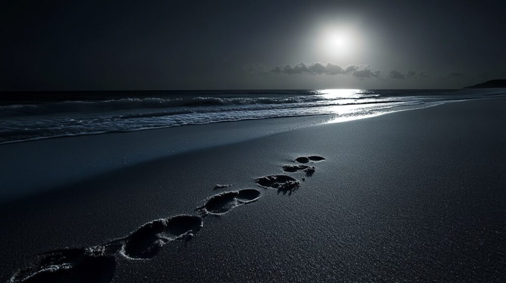 Moonlit Hawaiian beach with a trail of paw prints in the sand
