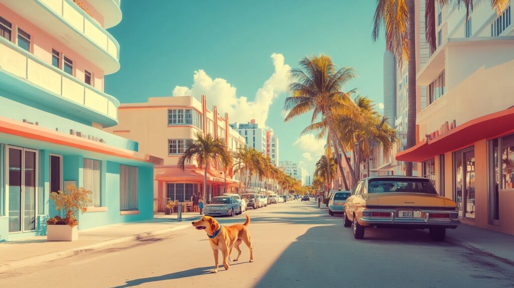 Minimalist view of a dog walking near Art Deco hotels in Miami