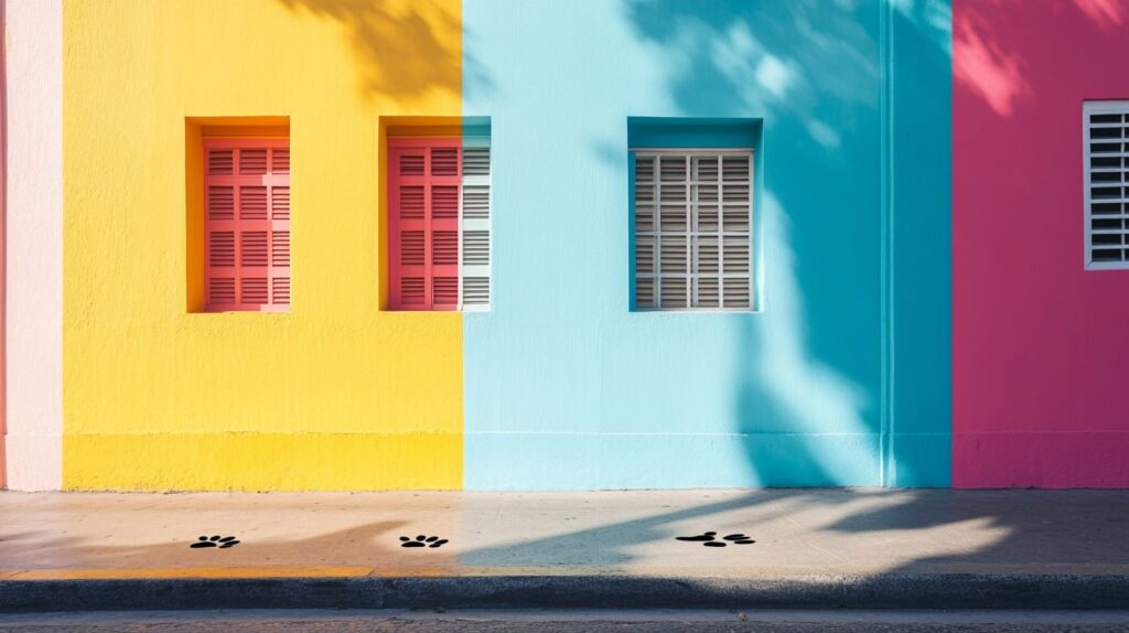 Pastel Art Deco hotel fronts with cute paw prints on Miami sidewalk