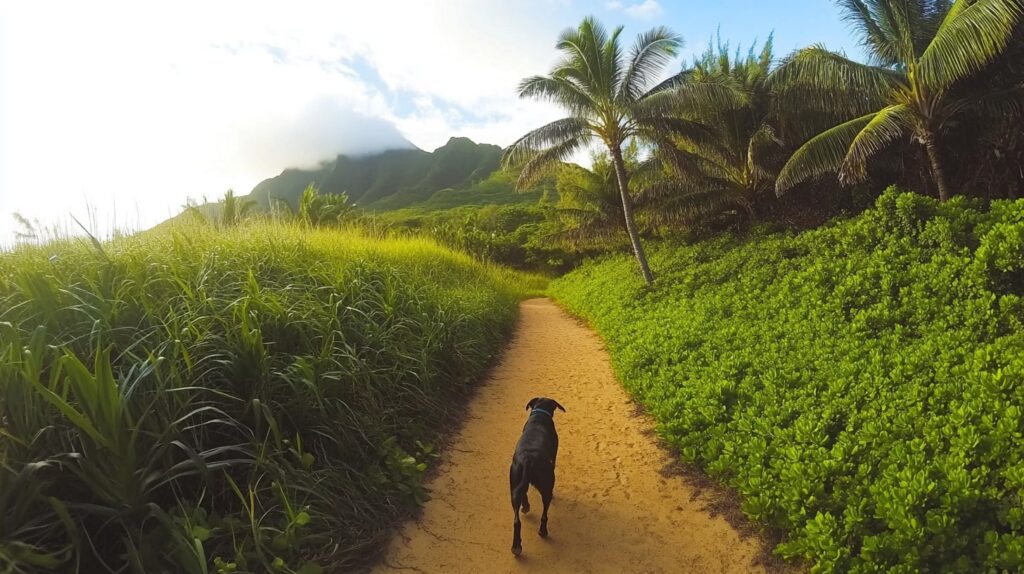 Dog hiking through a lush tropical trail in Maui