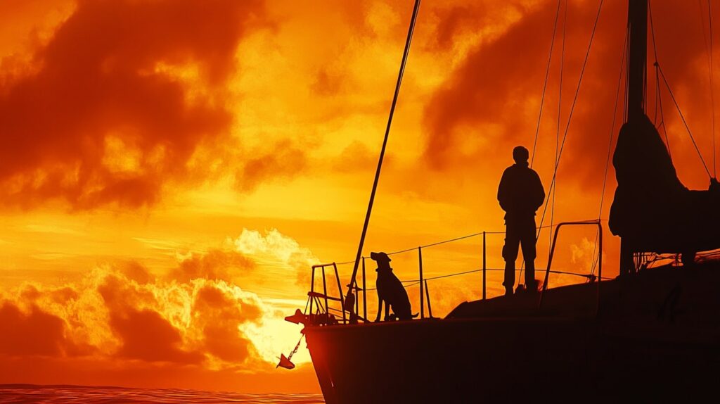 Silhouette of a person and their dog sailing at sunset in Maui