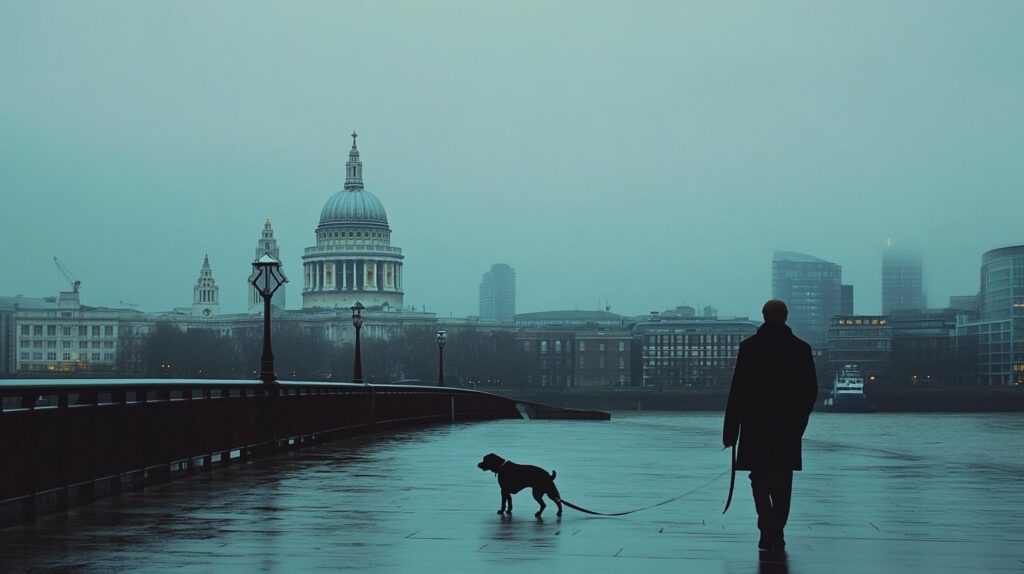 Dog walking near St. Paul's Cathedral in a minimalist London scene
