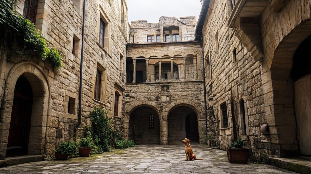 Dog admiring historic architecture at a medieval castle in the UK