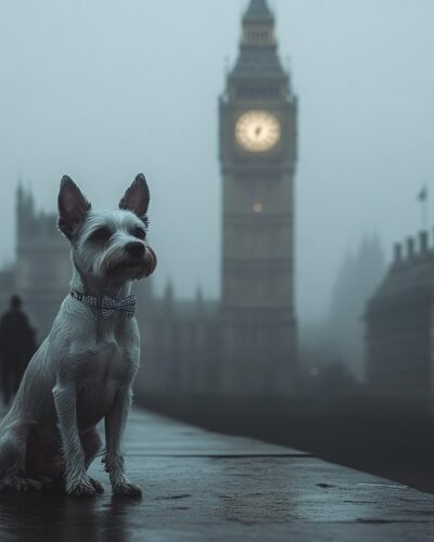 Dog in a bowtie posing in front of Big Ben on a misty London day