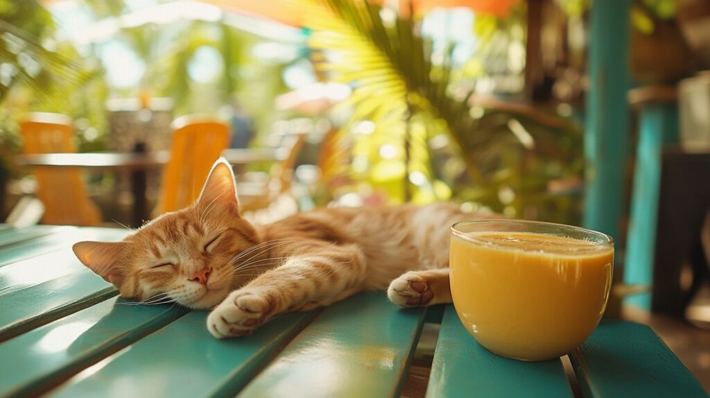 Smoothie bowl and a relaxed cat at a Miami outdoor cafe