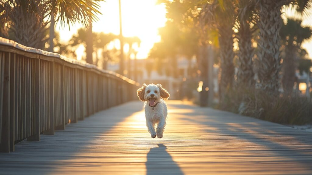 Dog running happily along a palm tree-lined boardwalk at sunrise in Miami