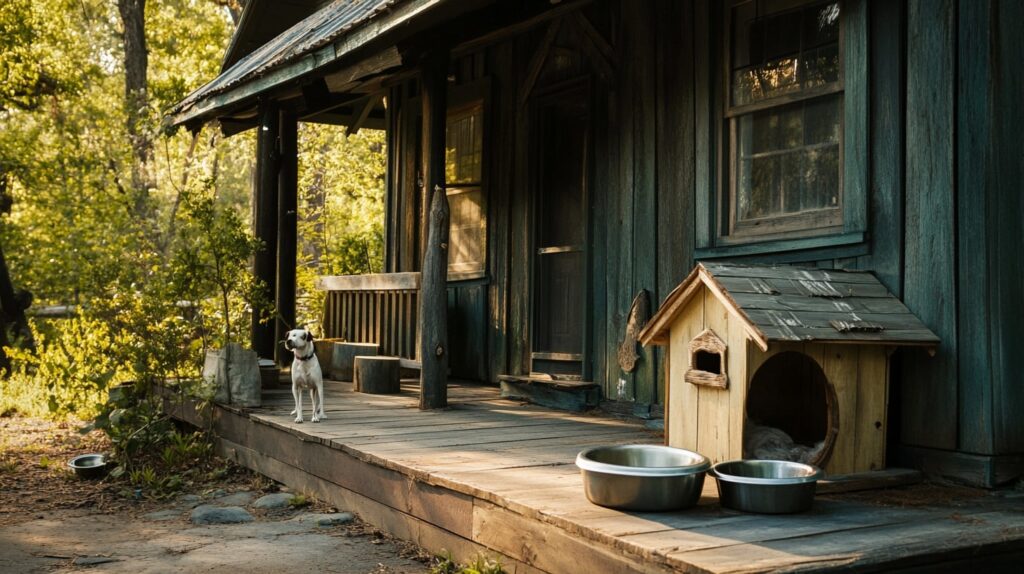 Cabin porch setup at Crane Hill Alabama Pet-friendly Home with pet gear
