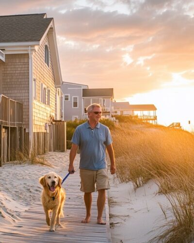 Deck and shoreline view from Dewey Beach Pet-friendly Rentals with pet at beach