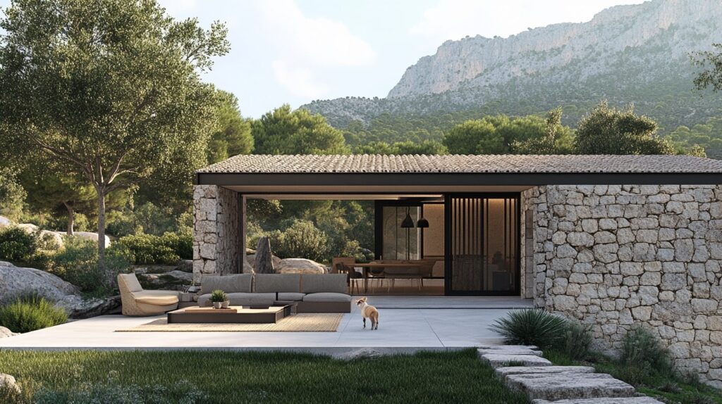 Shaded patio at Pollenca Pet-Friendly Villas with pet resting