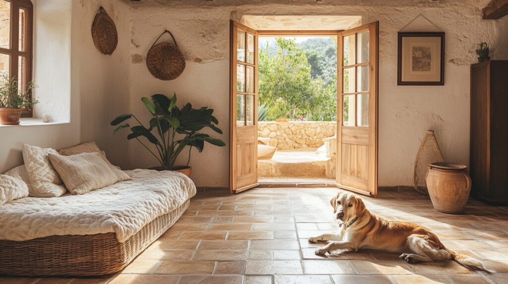 Interior of Pollenca Pet-Friendly Villa with tiled floor and pet corner