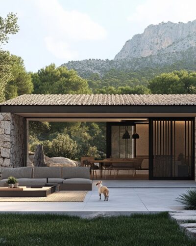 Shaded patio at Pollenca Pet-Friendly Villas with pet resting