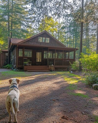 Forest-side Stevensville Michigan Pet-friendly Rentals with pet on leash