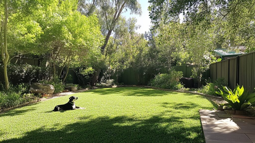 Fenced garden at Treeby Australia Pet-Friendly Stays with pet lounging