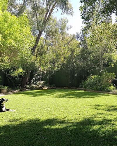 Fenced garden at Treeby Australia Pet-Friendly Stays with pet lounging