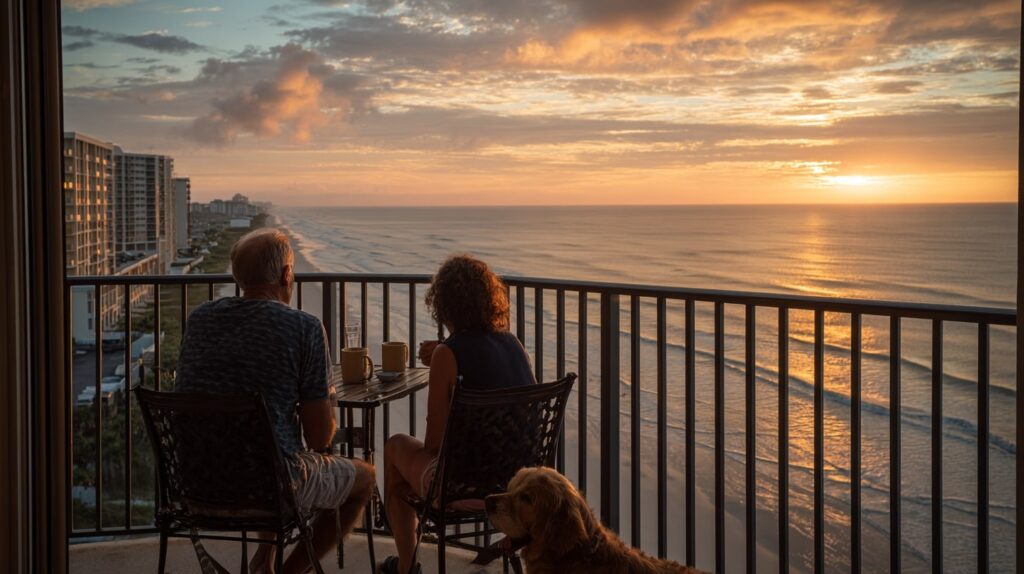 Couple with a dog on a Myrtle Beach rental balcony enjoying the best deal on a pet-friendly stay